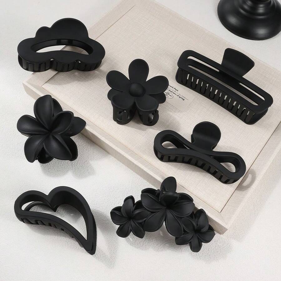 7 件/套简约黑色亚克力发夹，多齿女士后脑勺发夹，2024 新款发夹，发型配件 - 黑色 - 查看 1