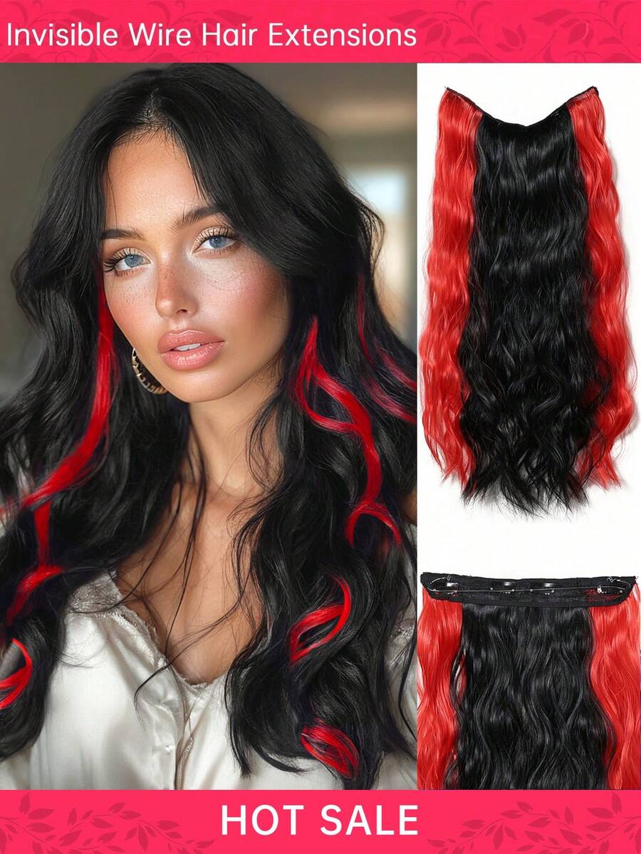 多色隐形线接发带透明线可调节尺寸 4 个安全夹 24 英寸接发万圣节角色扮演节日头发长波浪卷发秘密假发黑红色夹式假发女士合成假发 - 彩色 - 查看 1