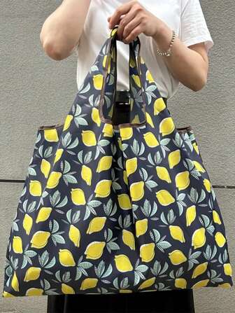 Sanrio 柠檬印花可折叠轻便手提袋，男女通用，可重复使用，大容量便携购物袋，杂货手提包/单肩包