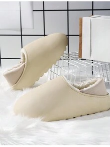 男士新款时尚面包拖鞋，室内防滑防水冬季保暖包头休闲拖鞋，中性潮流大码鞋 - 米色 - 查看 6