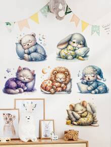 1 件卡通可爱睡着动物兔子、猫、老虎门/窗贴纸、墙贴 - 彩色 - 查看 2