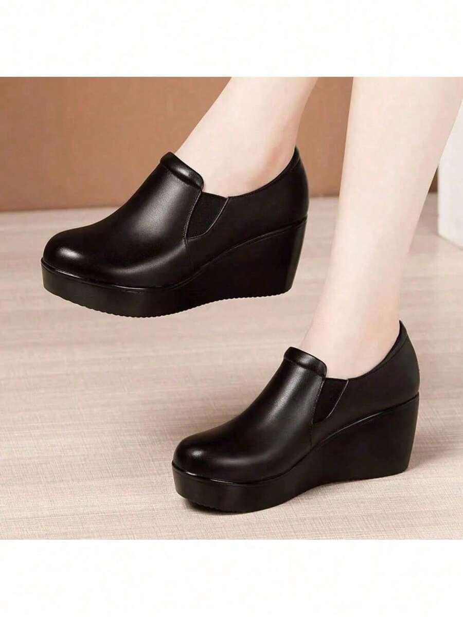 Comfortable Med Heels Wedges Shoes Leather Loafers 2024 Fall Deep Mouth