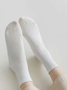 5 双女士中筒袜，专业运动中筒袜，运动袜，白袜，纯色袜子，适合跑步运动的袜子，男女通用情侣袜 - 白色 - 查看 3