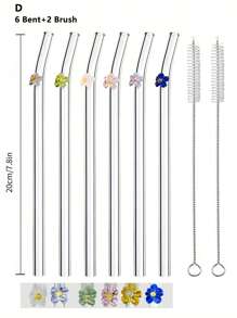Set (4 Straws + 1 Brush) Reusable Glass Straws Cute Colorful Flower Glass Straws, Colorful Floral Design Heat-Resistant Glass Straw, Washable Reusable Fruit Drinking Smoothies, Milkshakes, Juices, Teas,Kitchen,Christmas Gift,School Supplies