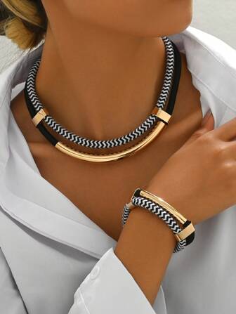 2pcs/Set Multicolor Black Cord Fashion Versatile Exaggerated Choker Necklace Set, European And American Style