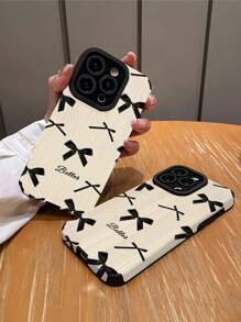 1pc Retro Minimalist Black Bow Vertical Stripe Faux Leather Shockproof Soft Case Compatible With IPhone/ 16/16PLUS/16PRO/16PROMAX