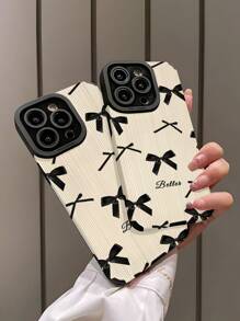 1pc Retro Minimalist Black Bow Vertical Stripe Faux Leather Shockproof Soft Case Compatible With IPhone/ 16/16PLUS/16PRO/16PROMAX