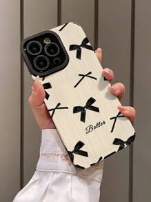 1pc Retro Minimalist Black Bow Vertical Stripe Faux Leather Shockproof Soft Case Compatible With IPhone/ 16/16PLUS/16PRO/16PROMAX