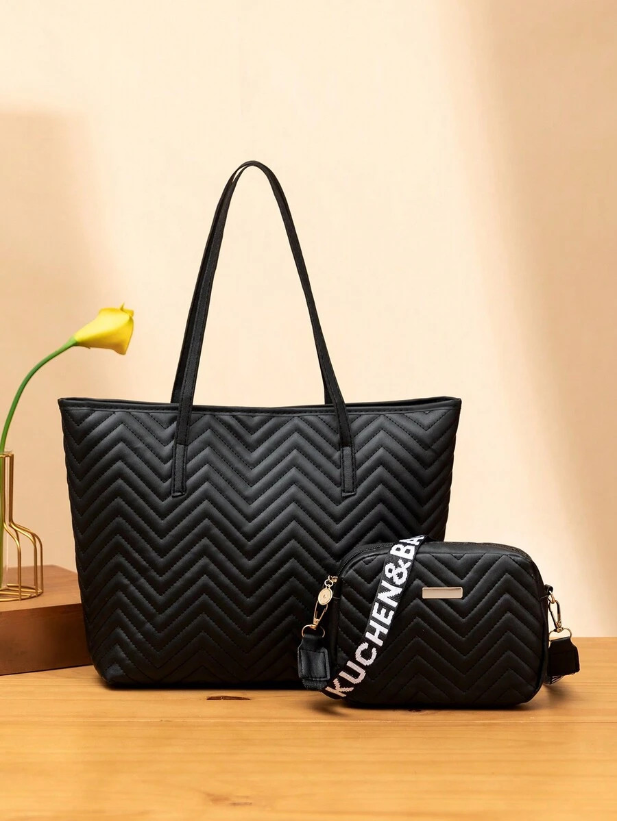 Túi Tote Thời Trang Cho Nữ, Combo Túi Đeo Vai Thêu Dung Tích Lớn, Bao Gồm Túi Đeo Chéo Vai Thêu Và Túi Đựng Máy Ảnh - màu đen - Xem 1