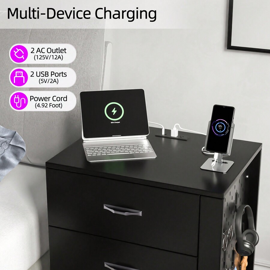 RGB LED With With Charging Station And USB Ports 3 Drawer Side