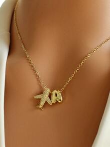 MECYLIFE 1 件时尚微镶嵌锆石飞机和 26 个字母首字母吊坠项链 - 金黃色 - 查看 3