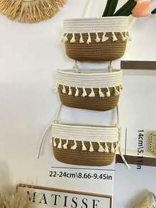 1 giỏ treo macrame 3 tầng, giỏ đựng đồ trang trí có tua rua, đồ sắp xếp lối vào gắn tường, phụ kiện trang trí phòng ngủ - Nhiều màu - Xem 3