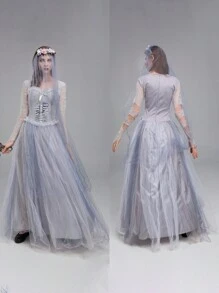 Women Halloween Dead Bride Costume Ghost Corpse Bride Corset Dress And Veil Floral Headband Set For Cosplay Outfits - 灰色 - 查看 3