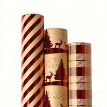 3pcs/Set Christmas Wrapping Paper - Red Stripe, Christmas Tree & Reindeer, Plaid Pattern - Each Roll 17in X 120in, Christmas Gift Box, Party Favor Wrapping Paper Rolls, 3 Designs