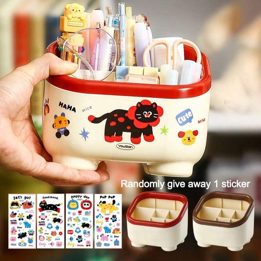 1 Pc Cartoon Multi Grid Penholder Table Compartment Storage Box