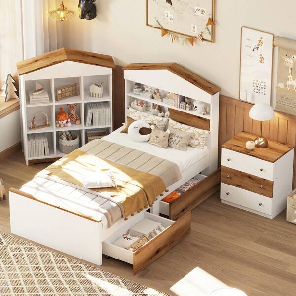 MERAX 3-Pieces Bedroom Sets, Twin Size House-Shaped Wooden Bed With Storage Drawers, Nightstand With Colorblock Design And House-Shaped Stroage Rack