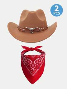 2pcs Western Cowboy Costume Accessories Set - Includes Cowgirl Hat And Bandana Scarf For Farm Halloween Party Dress-Up Props, Cool And Handsome Style With Pop-Culture Theme - Cowboy Hat + Red Scarf - View 8