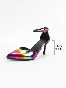 清仓渐变色皮革性感尖头细高跟一脚蹬高跟鞋，紫红色封闭式低跟粗跟穆勒鞋，新款亮面皮革后带休闲女士凉鞋，时尚派对度假 - 彩色 - 查看 7