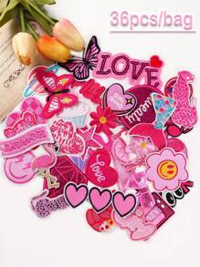 36pcs Pink Butterfly, Hat, Diamond, Flamingo, Heart, Leopard Pattern Patches, Cute Cartoon Style Iron On/Sewing On Patches For DIY Clothing, Bags, Hats - Multicolor - View 3