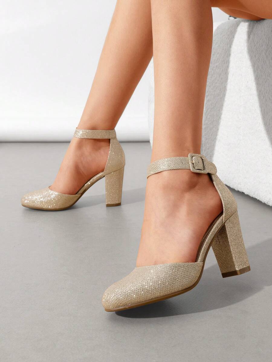 Women Ankle Strap Chunky Heel Pumps Round Toe High Heel Comfortable Elegant Wedding Party Prom Work Dress Pumps Shoes - Vàng - Xem 1