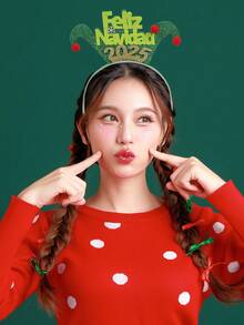 1 件女式圣诞绿色闪亮闪光头带带红色毛球，Feliz 圣诞节 2025，圣诞浆果，雪花，鹿角，圣诞派对头带，2025 新年派对头带，时尚女士发饰 - 彩色 - 查看 2