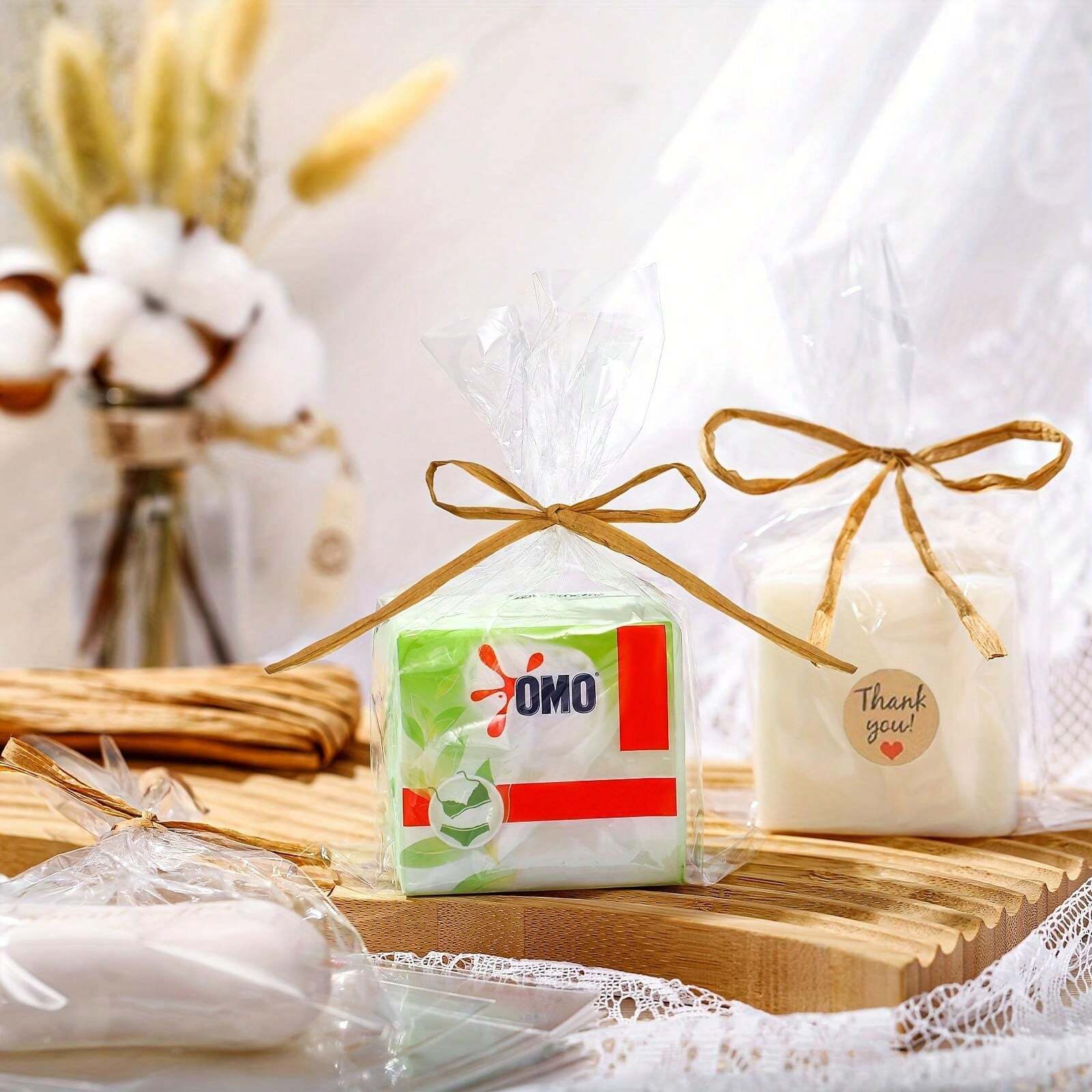 100 Pcs Soap Wrappers Transparent Cellophane Bags With Raffia Rope For 100-pcs-soap-wrappers-transparent-cellophane-bags-with-raffia-rope-for