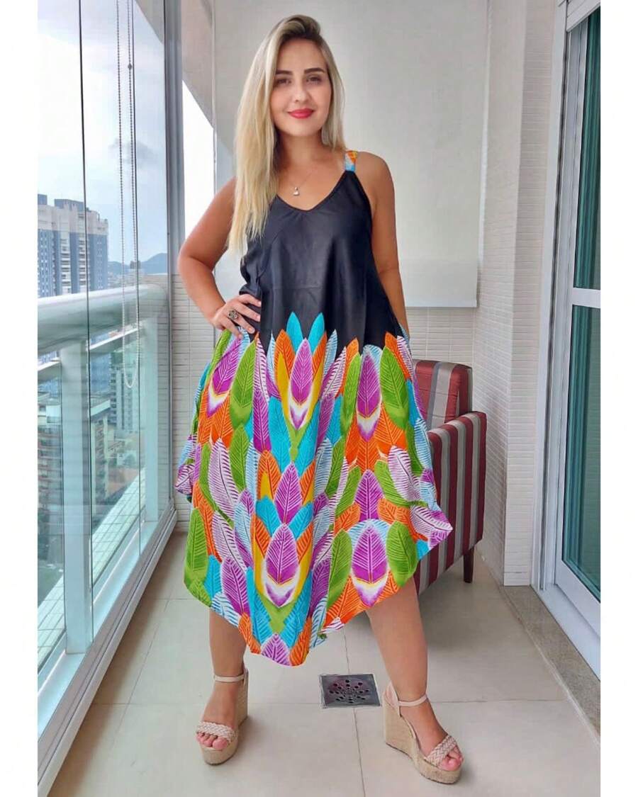 Vestido Feminino Indiano Alça c/ Regulagem e Bolso Trapézio Plus Size-Cod.1778 - Preto - Visão 1