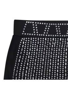 2pcs/Set Women Rhinestone Mesh Sheer Long Sleeve Mock Neck Cropped Top And Midi Skirt - Black - View 8