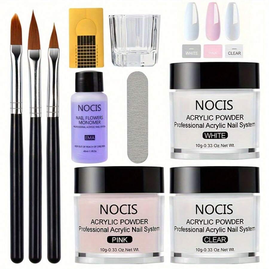 Bộ dụng cụ vẽ móng acrylic NOCIS, bao gồm cọ, dung dịch monomer, bột acrylic trong suốt và màu hồng - Công thức không bị ố vàng, không mùi hương - Bộ dụng cụ vẽ móng dành cho người mới bắt đầu. - Nhiều thông số kỹ thuật - Xem 1