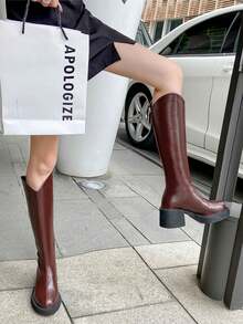 女士红色高跟厚底圆头过膝靴，时尚新款舒适冬季户外靴 - 棕色 - 查看 6