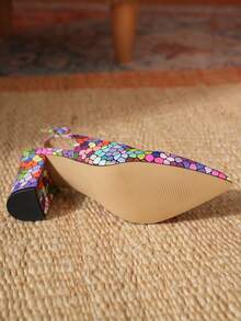 多色性感条纹高跟鞋尖头时尚韩版时尚丝带绑带粗跟优雅女士高跟鞋 - 彩色 - 查看 6