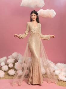 Elegant Girls' Evening Gown With Overlapping V-Neckline, Dramatic Lantern Sleeves & Mermaid Hem - Sheer Chiffon Cape Detailing, Layered Tulle Train - Perfect For Gala Events, Red Carpet Ceremonies, Princess Weddings, Luxury Birthday Celebrations, Formal Prom Nights - Champagne - View 7