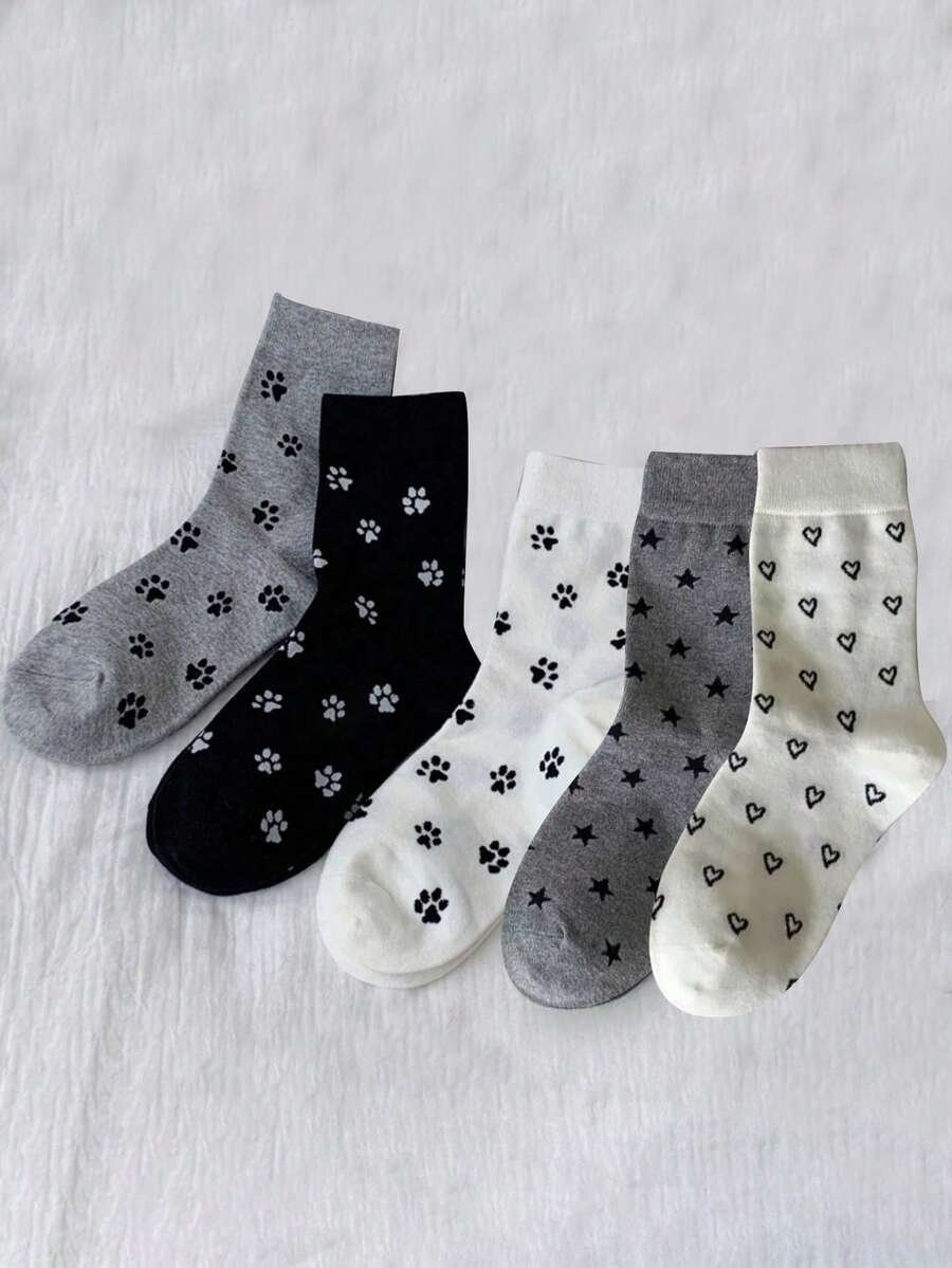 5 đôi tất dài đến bắp chân màu đen trắng xám cho nữ, họa tiết hình bàn chân mèo và trái tim dễ thương, phong cách Hàn Quốc Nhật Bản ngọt ngào, thời trang, đa năng - Nhiều màu - Xem 1