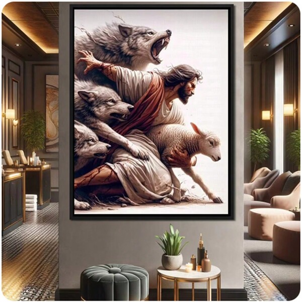 1 pezzo cartellone di arte sacra con stampa di Dio, Gesù e lo Spirito Santo, dipinto su tela con il Sacro Cuore di Gesù come pastore, decorazione murale per la casa senza cornice