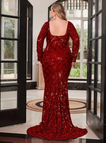 فستان سهرة طويل مزين بالترتر أحمر أكمام طويلة لأحجام كبيرة، فستان سهرة أنيق للحفلات والسهرات الرسمية ، مناسب لضيف الحفلات، التخرج، العشاء