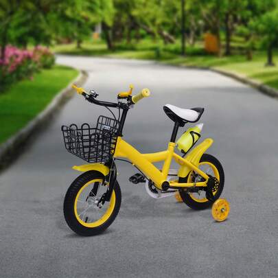 12" Kids Bike For Toddlers | Carbon Steel Frame, Front & Rear Brakes, Synthetic Leather Seat, Plastic Pedals, Yellow, Suitable For Indoor & Outdoor Use