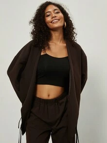 Conjunto de cardigan de manga larga y pantalones sueltos y casuales con cinturón para mujer - Café integral - Ver 6