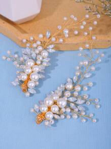 2 件/套 手工珍珠、玻璃水钻发夹 女士、新娘婚礼发饰 优雅头饰 - 金色 - 查看 3