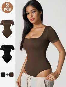 2 chiếc quần định hình cổ vuông màu trơn co giãn liền mạch tay ngắn cho nữ - Nhiều màu - Xem 3