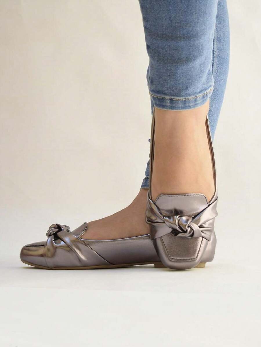 Women's Comfortable Old Silver Flats Square Toe Knot Detail Moccasin Shoes Women's Fashion Flat - Bạc - Xem 1
