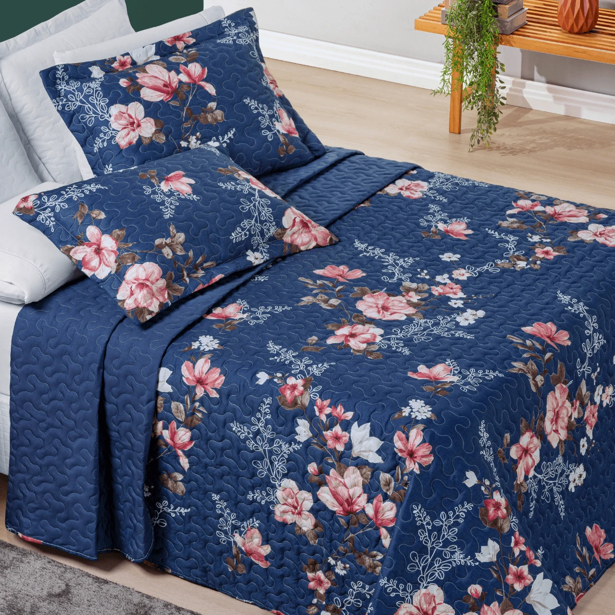 Jogo Colcha King Size Cama Box Nyla Cobre Leito 200 Fios Dupla Face