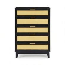 Bedroom 5 Drawer Dresser, Rattan Dresser Modern Wooden Chest Of Drawers With Spacious Storage Space For Bedroom Hallway Living Room - màu đen - Xem 10
