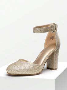 Women Ankle Strap Chunky Heel Pumps Round Toe High Heel Comfortable Elegant Wedding Party Prom Work Dress Pumps Shoes - Vàng - Xem 7