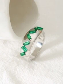 1 件珠宝精致时尚绿色锆石镶嵌戒指，优雅百搭 - 銀色 - 查看 9