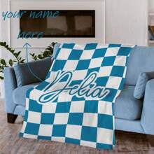 1 Gepersonaliseerde naam rasterpatroon deken in blauw of andere kleuren, geschikt voor zachte en comfortabele familie dekens, slaapkamer bedden, banken, kantoor multifunctionele dekens, buiten kampeertrips, is een uniek cadeau voor haar/hem, vriend, vriendin, vrouw, echtgenoot, Valentijnsdag