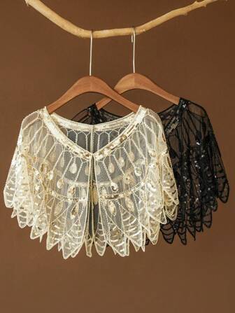 Leaf Shape Ruffle Shawl Elegant Sequin Embroidery Vintage Cape Breathable Mesh Short Cardigan Women Dress Accessories For Party Prom