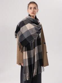 1 件简约格子围巾，经典百搭多功能披肩，冬季保暖女士围巾 - 卡其色 - 查看 11