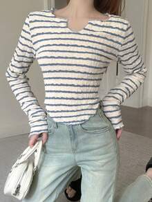 條紋圖案缺口領T恤