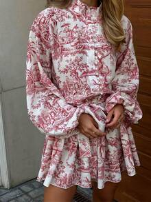 1pc Elegant Random Print Long Sleeve Tie-Waist Loose Fit Midi Dress - Red - View 2