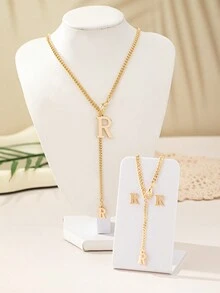 1 套 2024 流行时尚金属链 26 字母项链、手链和耳环首饰套装，适合女性日常佩戴的百搭配饰 - 金色 - 查看 105
